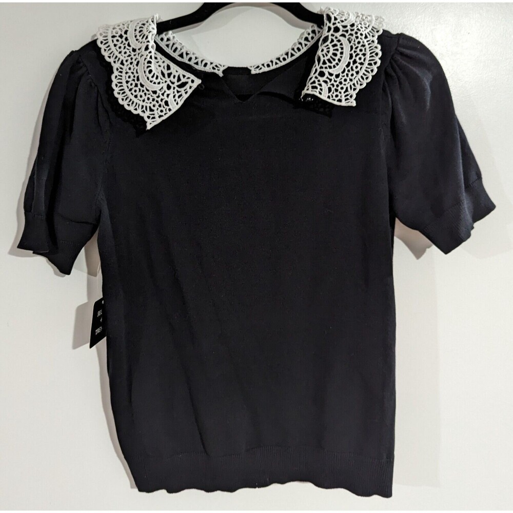 Select+Trend Black Collar Cropped Sweater with 3/4 Puff Sleeves Size Medium